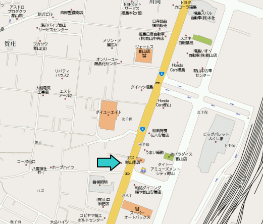 案内図:飯塚駅西ビッグパレット近く、ダイユー8隣、広い駐車場もあります